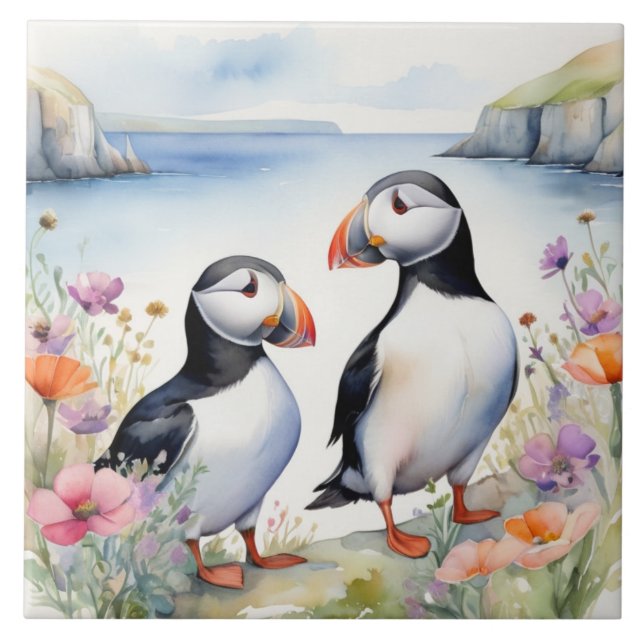 Puffin Birds on Floral Coast with Wildflowers Ceramic Tile (Front)