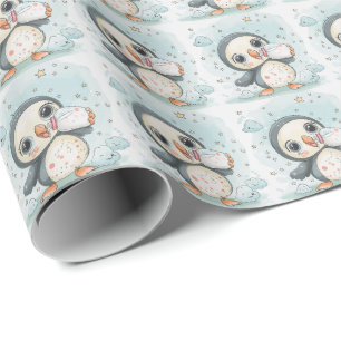 Puffin Cute Baby Pastel Watercolor Pattern Wrapping Paper