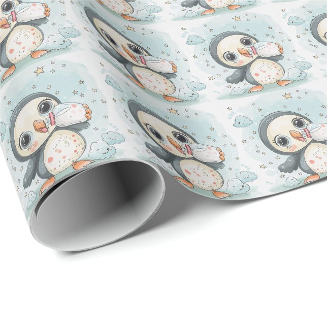 Puffin Cute Baby Pastel Watercolor Pattern  Wrapping Paper (Roll Corner)
