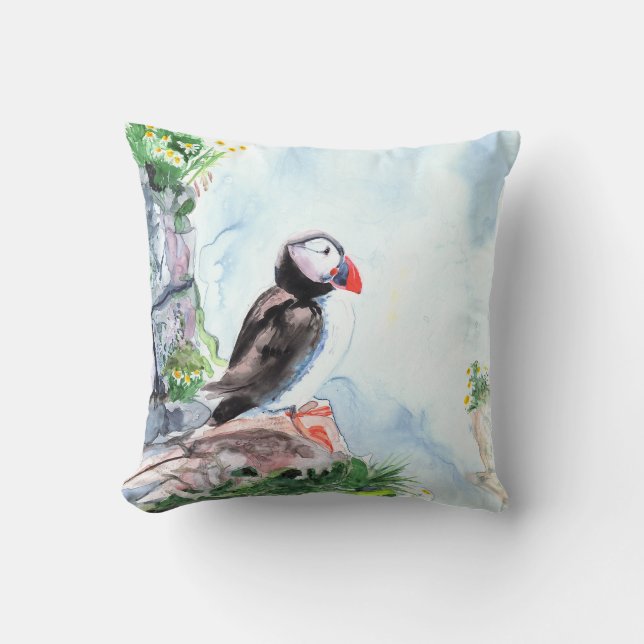 Puffin Fine Art Watercolor Throw Pillow (Front)