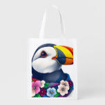 Puffin in Floral Scarf Reusable Tote