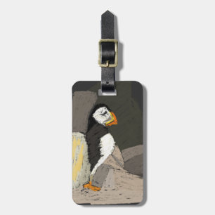 Puffin in Rocks Drawing Luggage Tag