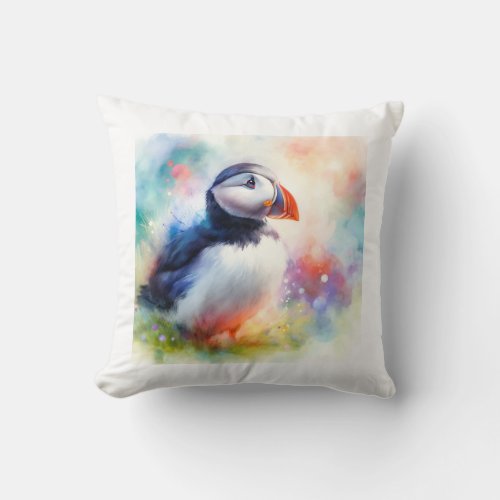Puffin in Watercolor AREF569 _ Watercolor Throw Pillow