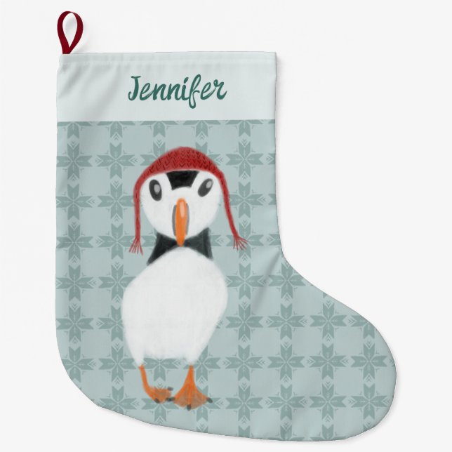 Puffin in Winter Hat Personalized Large Christmas Stocking (Front)