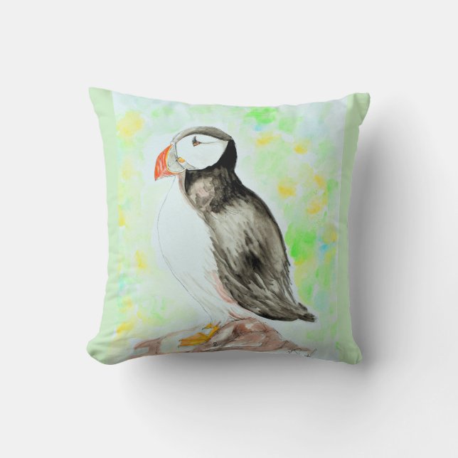 Puffin Ink and Watercolor Painting Throw Pillow (Front)