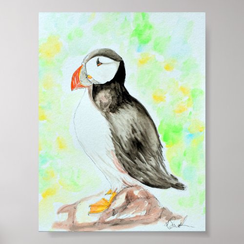 Puffin Ink and Watercolour Painting Poster