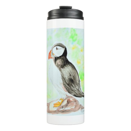 Puffin Ink and Watercolour Painting Thermal Tumbler