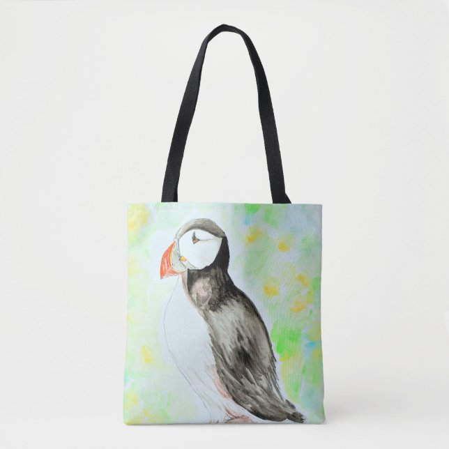 Puffin Ink and Watercolour Painting Tote Bag (Front)
