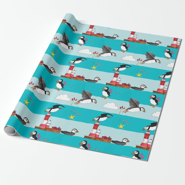 Puffin Lighthouse Wrapping Paper (Unrolled)
