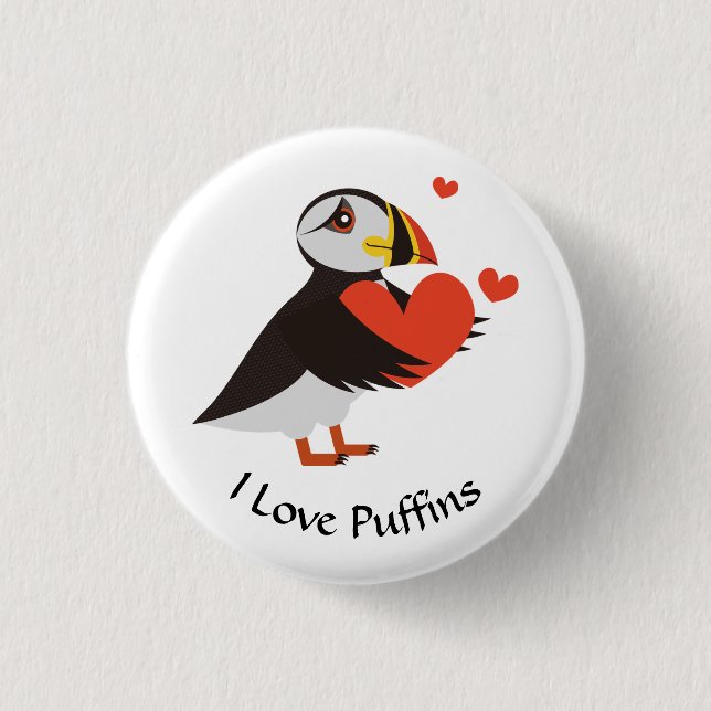 Puffin Love Red Hearts Button (Front)