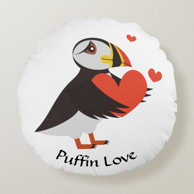 Puffin Love Red Hearts  Round Pillow (Front)