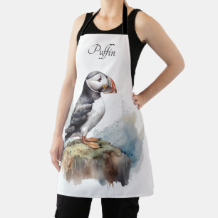 Puffin on a Rock Watercolor, custom Apron