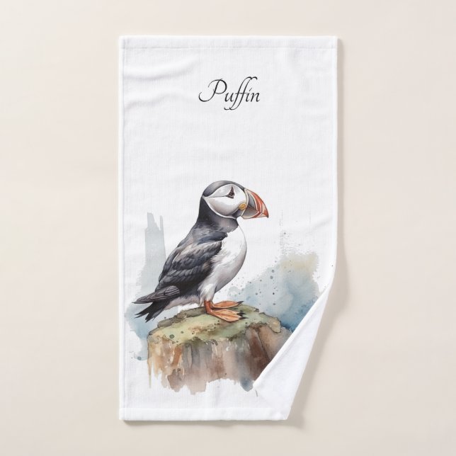 Puffin on a Rock Watercolor, custom Bath Towel Set (Hand Towel)