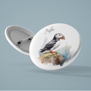 Puffin on a Rock Watercolor, custom Button
