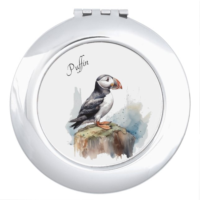 Puffin on a Rock Watercolor, custom Compact Mirror (Front)