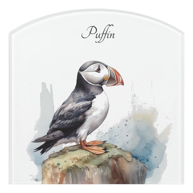 Puffin on a Rock Watercolor, custom Door Sign (Contour Front)