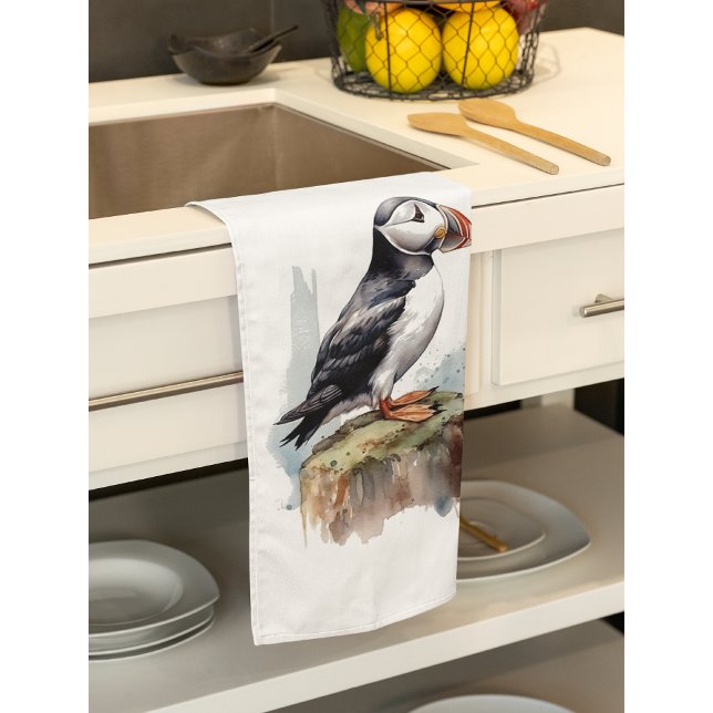 Puffin on a Rock Watercolor, custom Kitchen Towel (Creator Uploaded)
