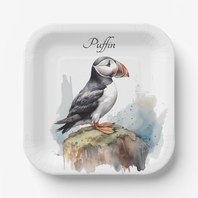Puffin on a Rock Watercolor, custom Paper Plates (Front)