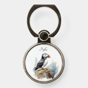 Puffin on a Rock Watercolor, custom Phone Ring Stand