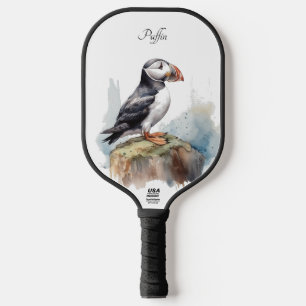 Puffin on a Rock Watercolor, custom Pickleball Paddle