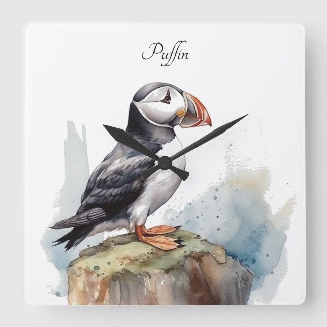 Puffin on a Rock Watercolor, custom Square Wall Clock (Front)