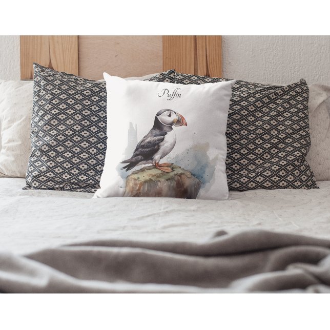 Puffin on a Rock Watercolor, custom Throw Pillow (Creator Uploaded)