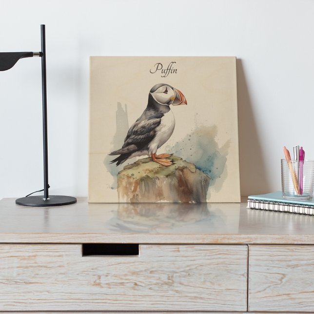 Puffin on a Rock Watercolor, custom Wood Wall Art (Creator Uploaded)