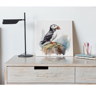 Puffin on a Rock Watercolor Metal Print