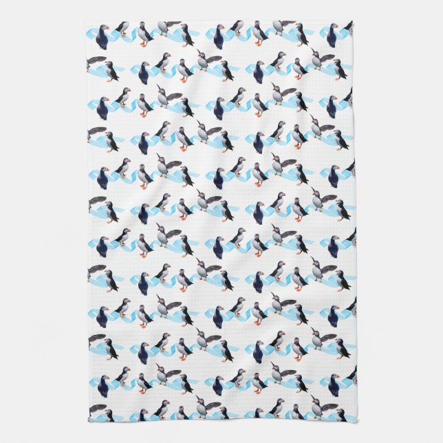 Puffin Party Kitchen Towel (choose colour) (Vertical)