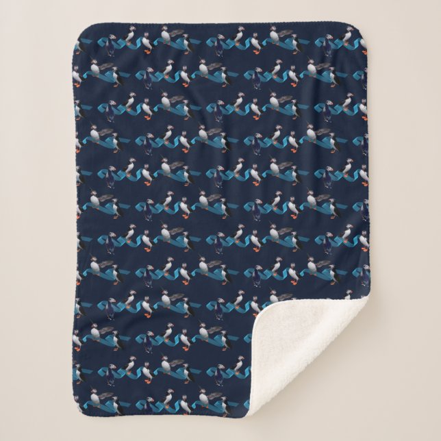 Puffin Party Sherpa Blanket (Navy) (Front)