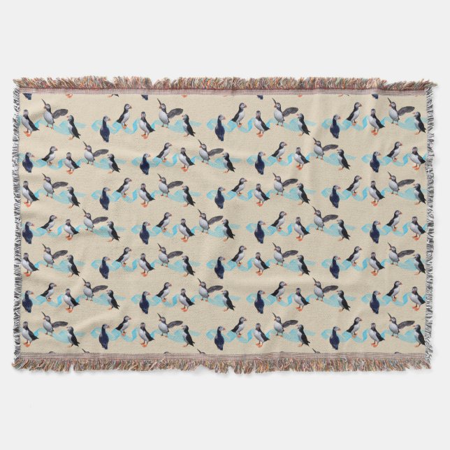 Puffin Party Throw Blanket (Cream) (Front)