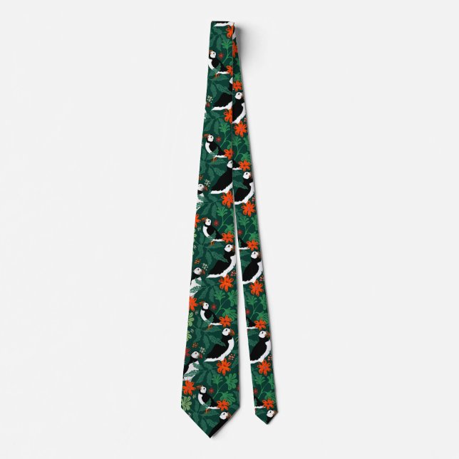 Puffin Pattern Lush Green Neck Tie (Front)