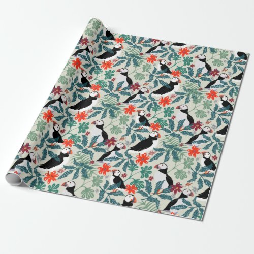 Puffin Pattern Warm Beige Wrapping Paper