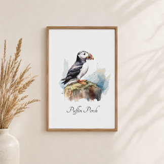 Puffin Perch Coastal Bird Watercolor Wall Art
