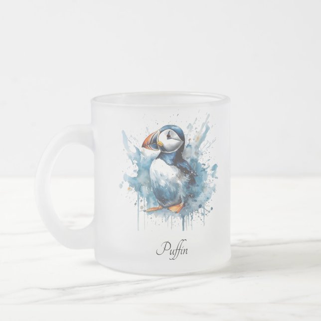 Puffin Splash, custom Frosted Glass Coffee Mug (Left)