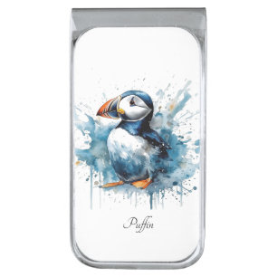Puffin Splash, custom Silver Finish Money Clip