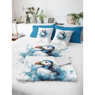 Puffin Splash, custom Throw Pillow