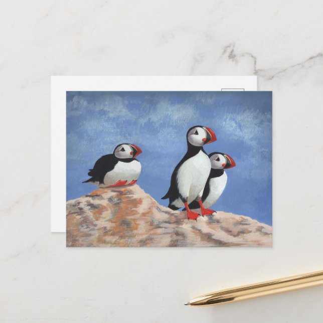 Puffin Trio Postcard (Front/Back In Situ)