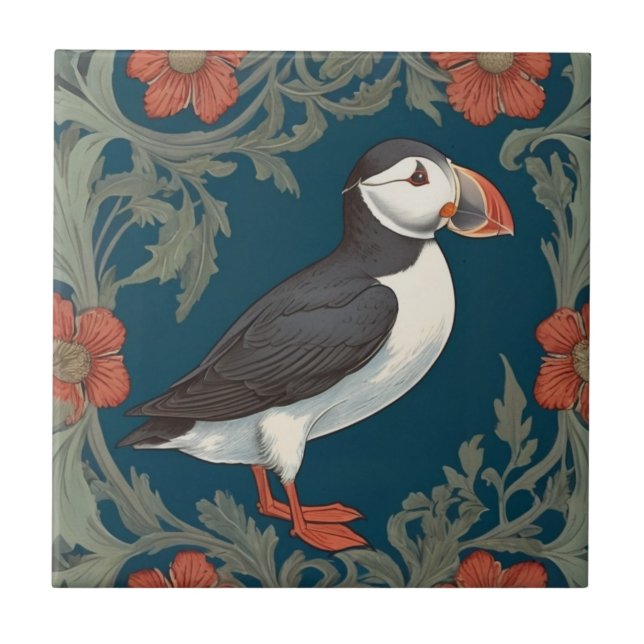 Puffin William Morris style Right Sea Marine Bird Ceramic Tile (Front)