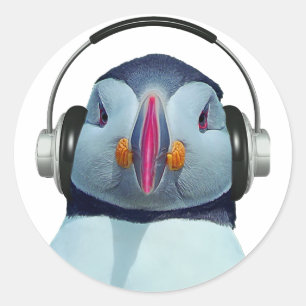 Puffin with headphones classic round sticker