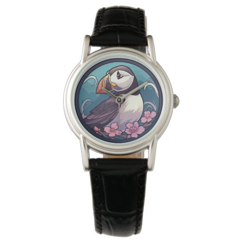 Puffin with Pink Flowers Watch