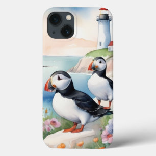 Puffins by the Sea - Ocean Flowers & Lighthouse iPhone 13 Case