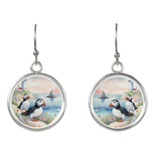 Puffins by the Sea - Ocean Flowers & Lighthouse Earrings