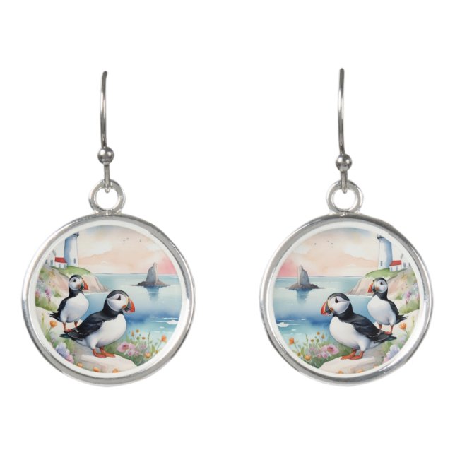 Puffins by the Sea - Ocean Flowers & Lighthouse Earrings (Front)