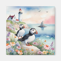 Puffins by the Sea - Ocean Flowers & Lighthouse