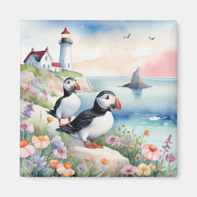 Puffins by the Sea - Ocean Flowers & Lighthouse Magnet (Front)