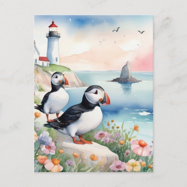 Puffins by the Sea - Ocean Flowers & Lighthouse Postcard (Front)