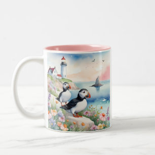 Puffins by the Sea - Ocean Flowers & Lighthouse Two-Tone Coffee Mug