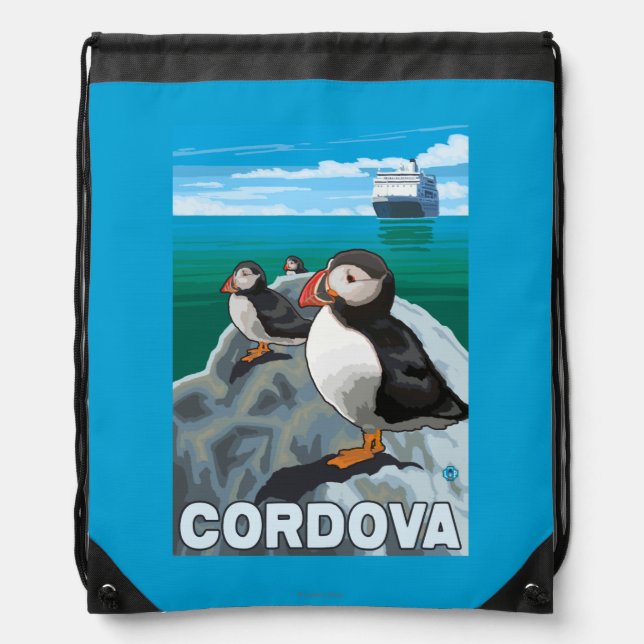 Puffins & Cruise Ship - Cordova, Alaska Drawstring Bag (Front)