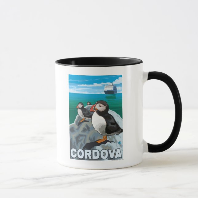 Puffins & Cruise Ship - Cordova, Alaska Mug (Right)